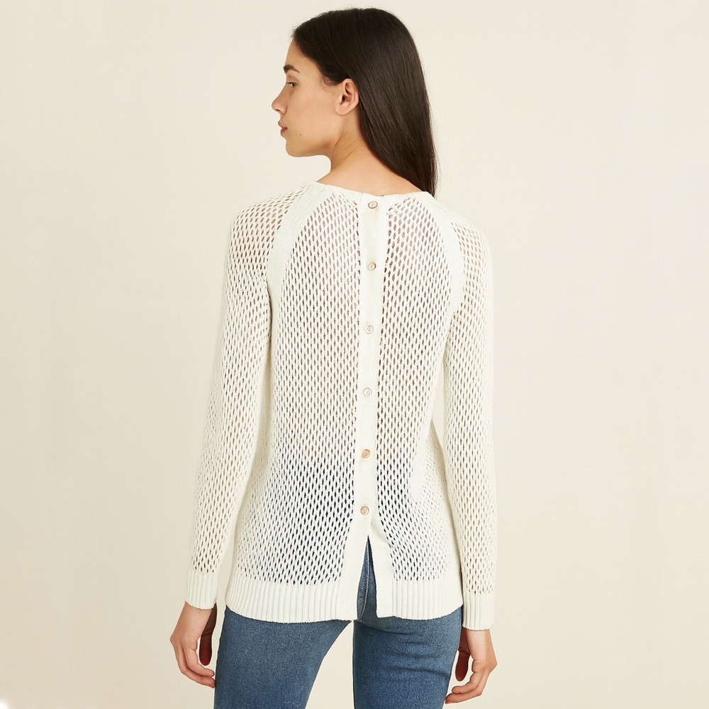 Michael Kors Off White Gold Buttons Cotton Open Knit Sweater Swim Coverup